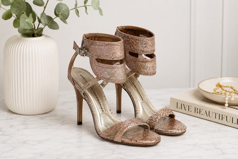 Camilla Skovgaard Metallic Leather Stiletto Sandals Collar Ankle Strap EU 38.5